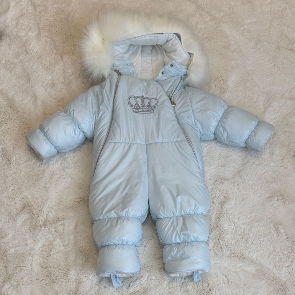 ✨ Sofija “Blue Crown” Luxury Baby Snowsuit – Size 9–12 Months ✨winter ❄️